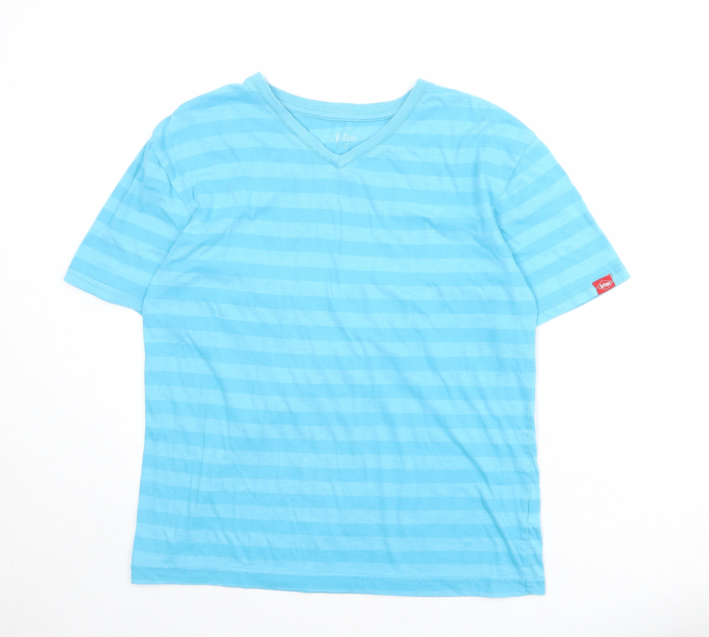 Lee Cooper Boys Blue Striped Cotton Basic T-Shirt Size 13 Years V-Neck Pullover