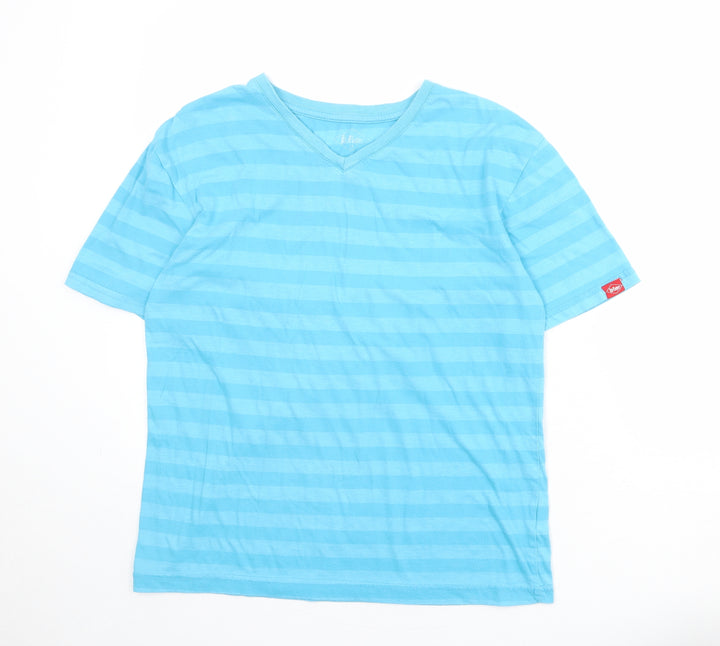 Lee Cooper Boys Blue Striped Cotton Basic T-Shirt Size 13 Years V-Neck Pullover