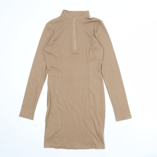 Naanaa Womens Beige Polyester Bodycon Size 8 Mock Neck Zip - Ribbed