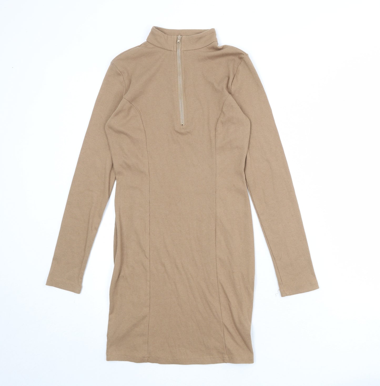 Naanaa Womens Beige Polyester Bodycon Size 8 Mock Neck Zip - Ribbed