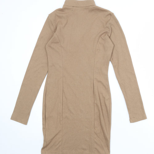 Naanaa Womens Beige Polyester Bodycon Size 8 Mock Neck Zip - Ribbed