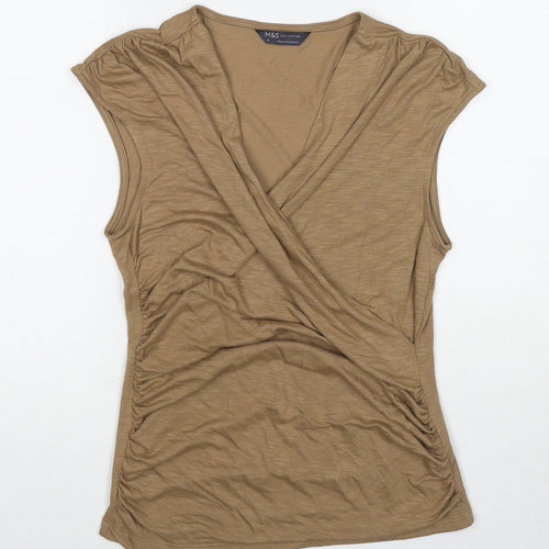 Marks and Spencer Womens Brown Modal Basic Blouse Size 10 V-Neck - Ruched Front