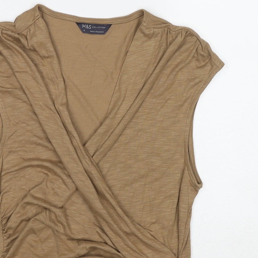 Marks and Spencer Womens Brown Modal Basic Blouse Size 10 V-Neck - Ruched Front