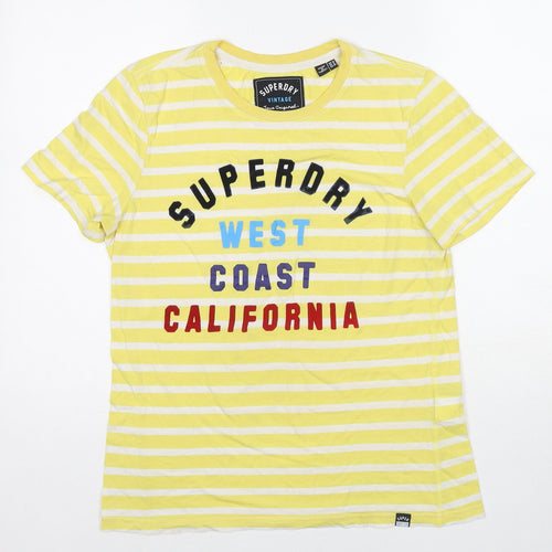 Superdry Womens Yellow Striped Polyester Basic T-Shirt Size 12 Crew Neck