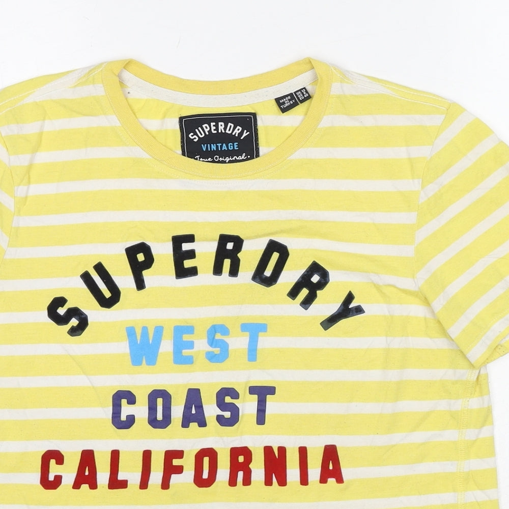 Superdry Womens Yellow Striped Polyester Basic T-Shirt Size 12 Crew Neck