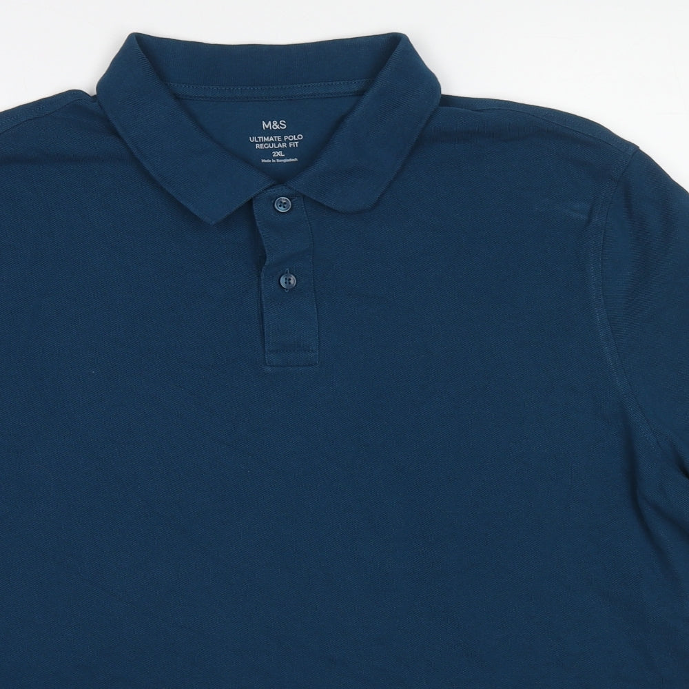 Marks and Spencer Mens Blue Cotton Polo Size 2XL Collared Button