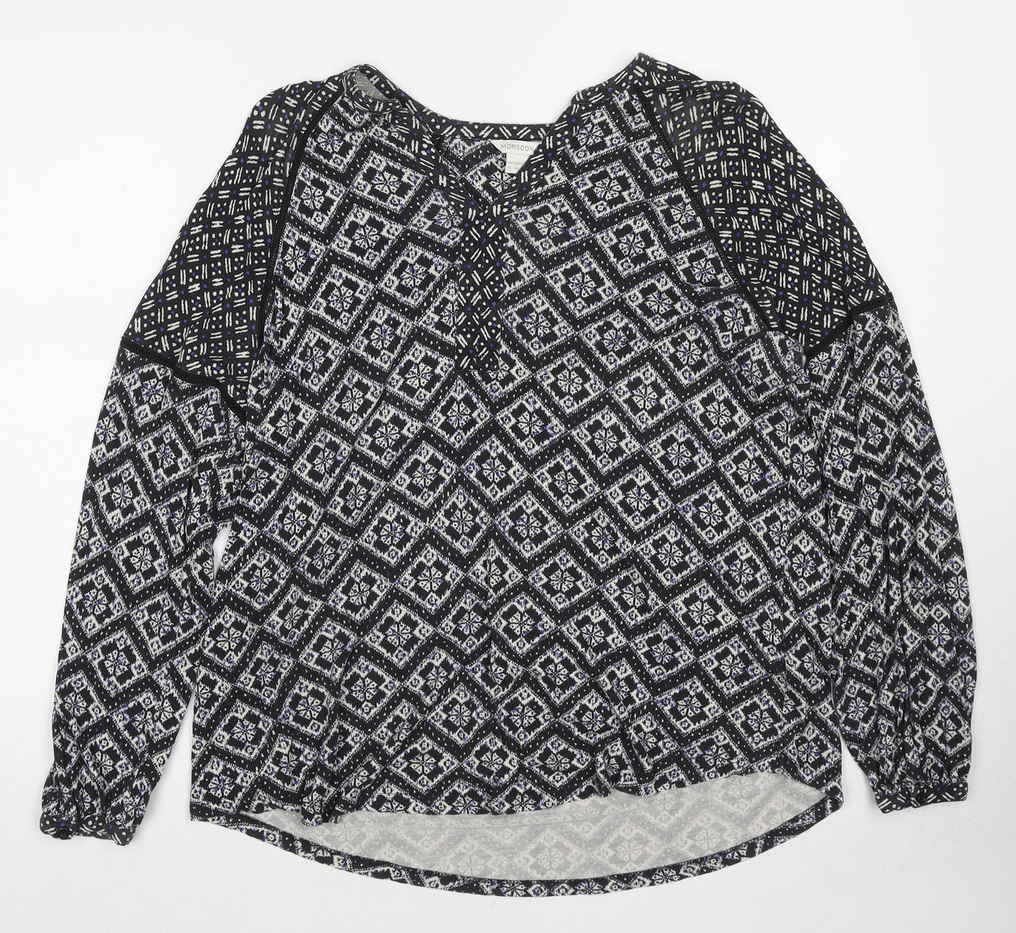 Monsoon Womens Black Geometric Viscose Basic Blouse Size 16 V-Neck