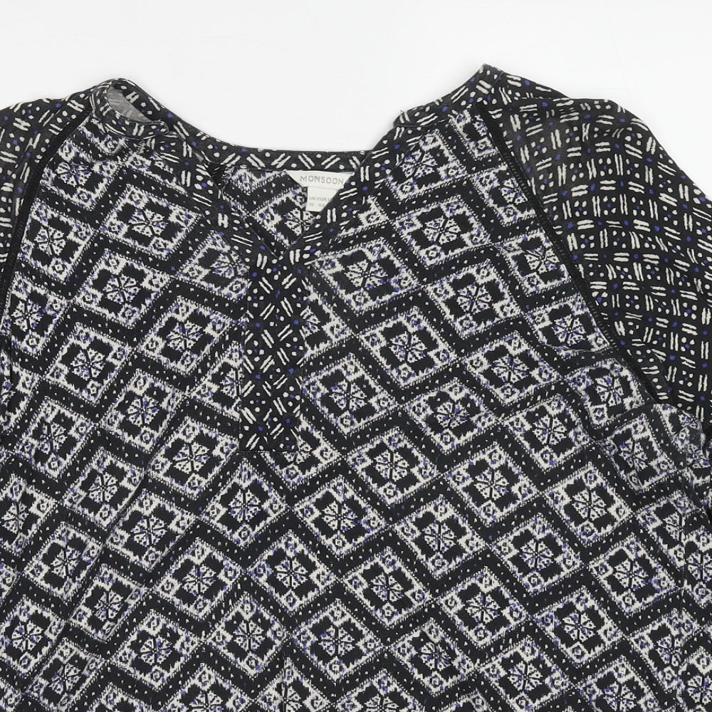 Monsoon Womens Black Geometric Viscose Basic Blouse Size 16 V-Neck