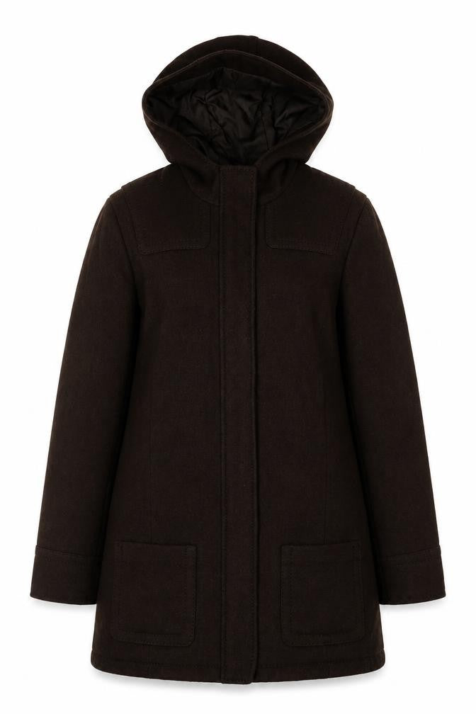Front view of La Redoute women’s brown overcoat coat, size UK 12, zip