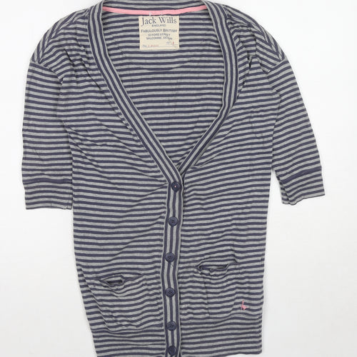 Jack Wills Womens Grey V-Neck Striped Cotton Cardigan Jumper Size 8