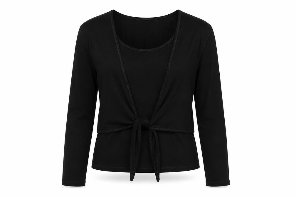 Front view of Linea women’s black viscose basic blouse, size L, scoop neck - mock cardigan top