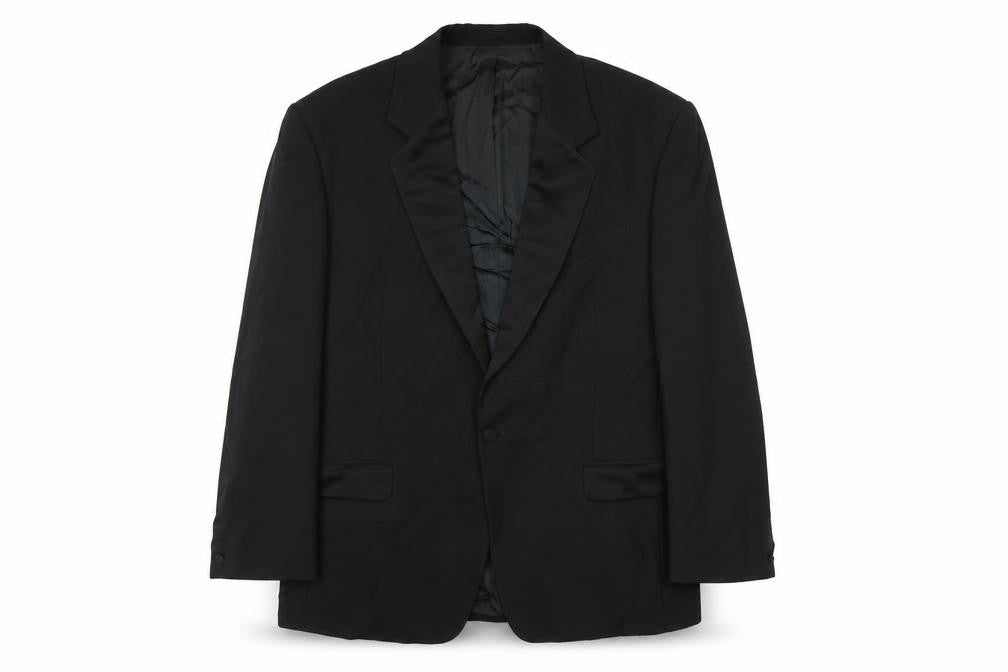 Front view of Skopes men’s black polyester tuxedo suit jacket, size 44, regular