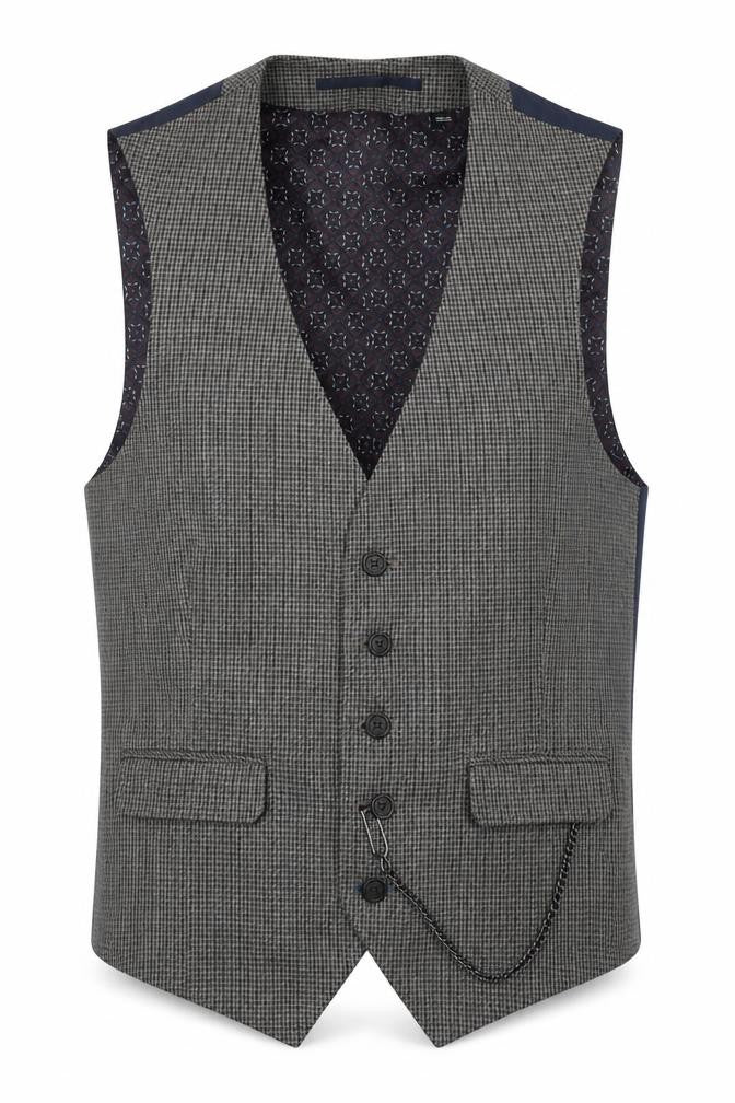 Front view of Burton men’s grey geometric polyester jacket suit waistcoat, size XS, regular