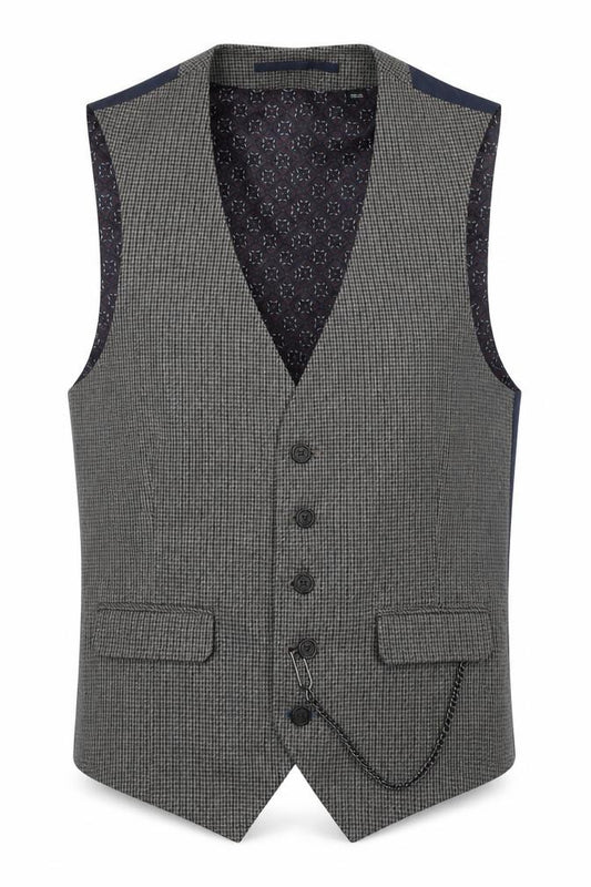 Front view of Burton men’s grey geometric polyester jacket suit waistcoat, size XS, regular
