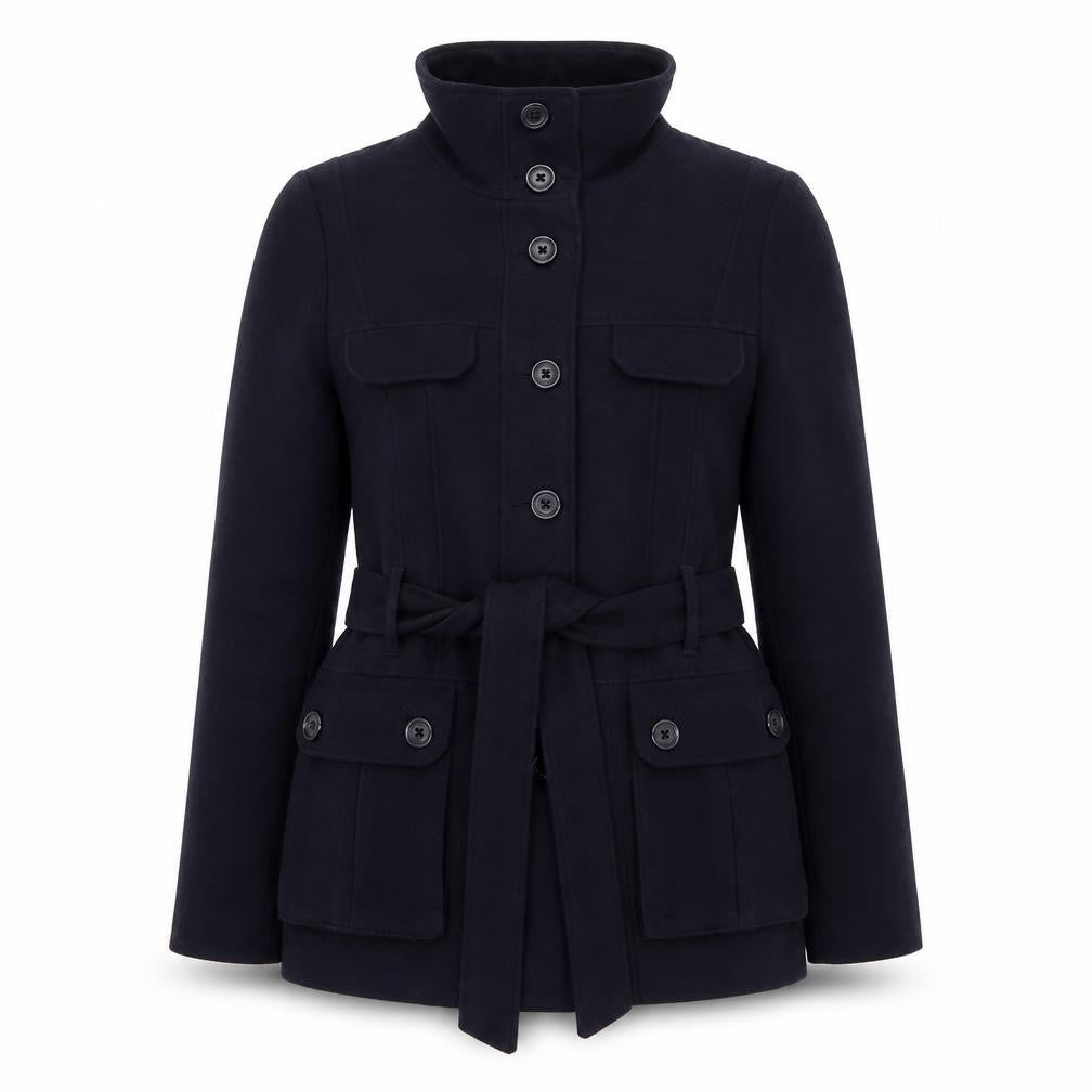 Front view of H&M women’s blue jacket, size UK 12, button