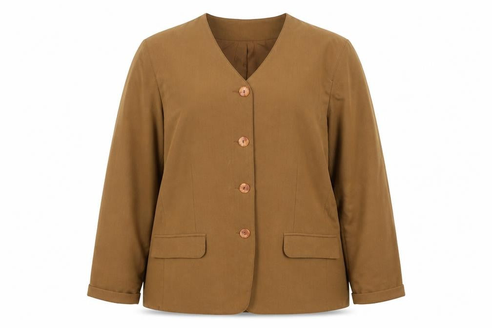 Front view of Classics Plus women’s beige jacket blazer, size UK 18, button