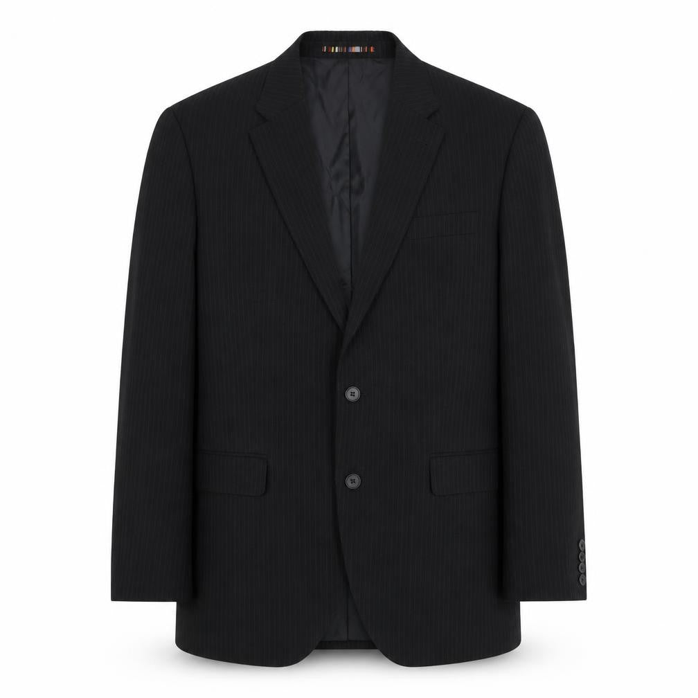 Front view of River Island men’s black striped polyester jacket suit jacket, size 42, regular