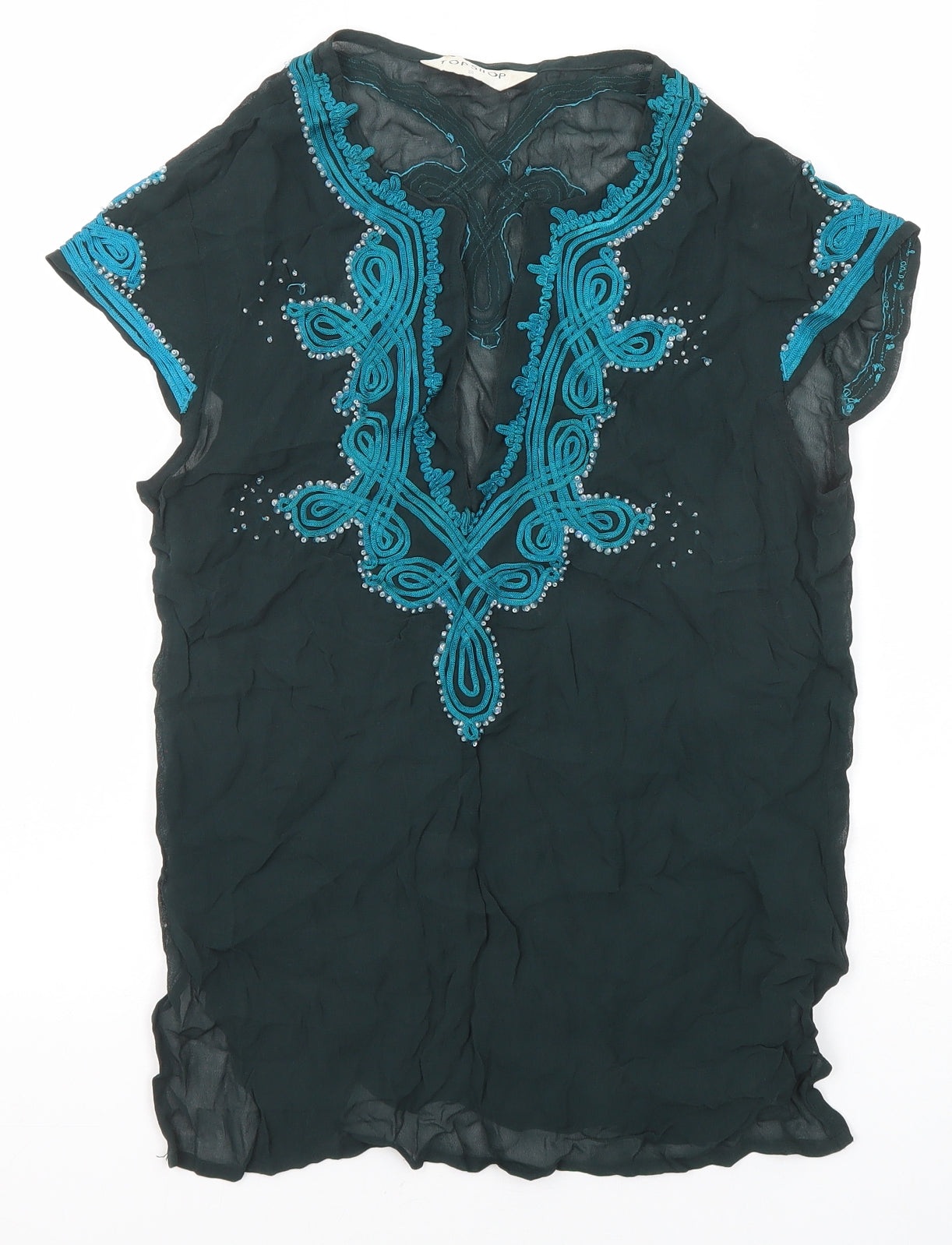 Topshop Womens Green Viscose Basic Blouse Size 8 V-Neck
