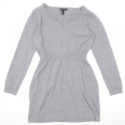 Mango Womens Grey Cotton Jumper Dress Size M V-Neck Pullover