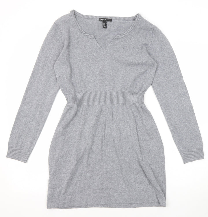 Mango Womens Grey Cotton Jumper Dress Size M V-Neck Pullover