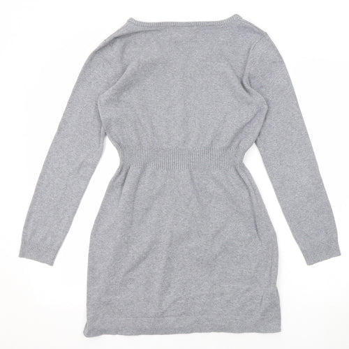 Mango Womens Grey Cotton Jumper Dress Size M V-Neck Pullover