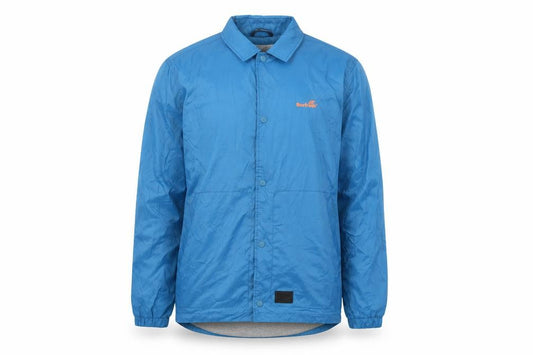 Front view of Boxfresh men’s blue jacket, size S, snap