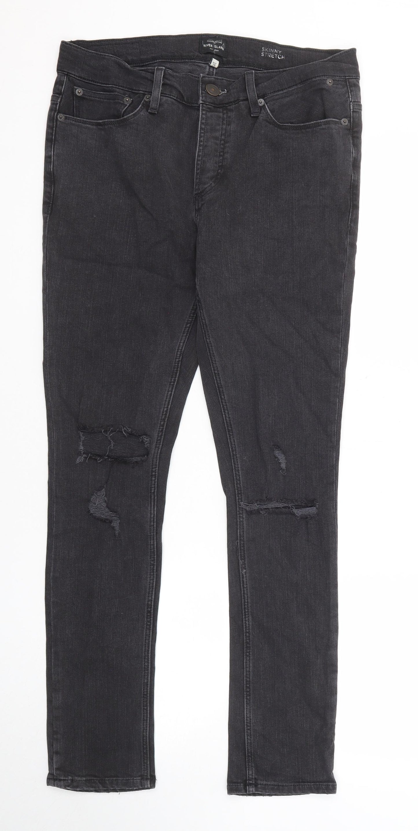 River Island Mens Black Cotton Skinny Jeans Size 30 in L30 in Regular Zip