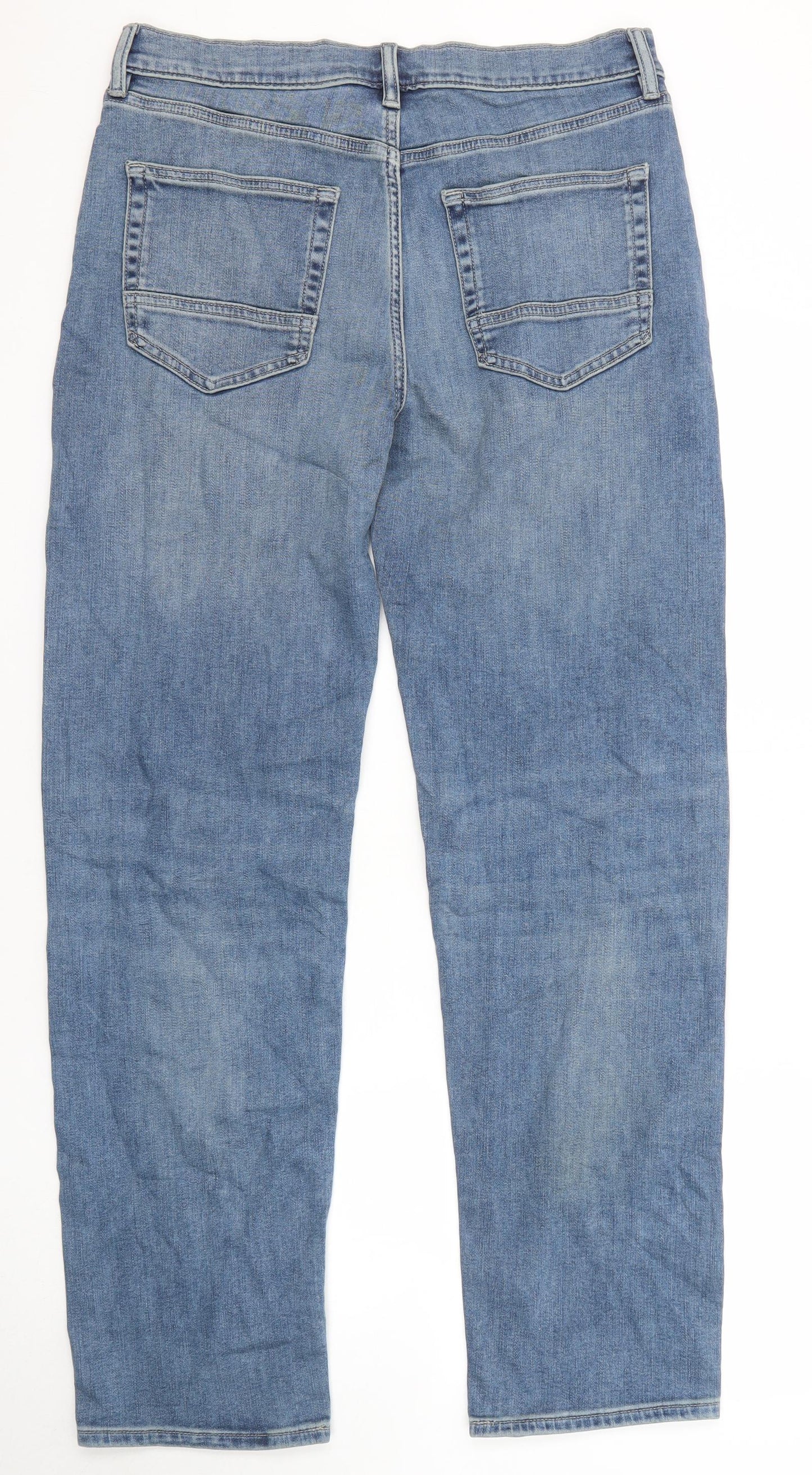 Marks and Spencer Mens Blue Cotton Straight Jeans Size 32 in L33 in Regular Zip - Long Leg