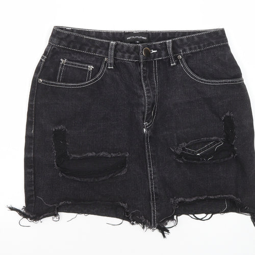 PRETTYLITTLETHING Womens Black Cotton Mini Skirt Size 10 Zip - Distressed look