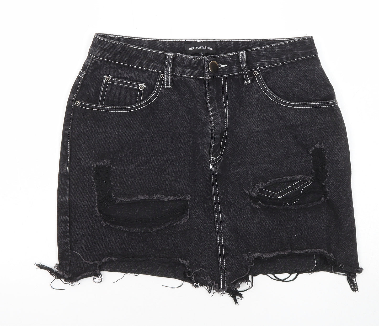 PRETTYLITTLETHING Womens Black Cotton Mini Skirt Size 10 Zip - Distressed look