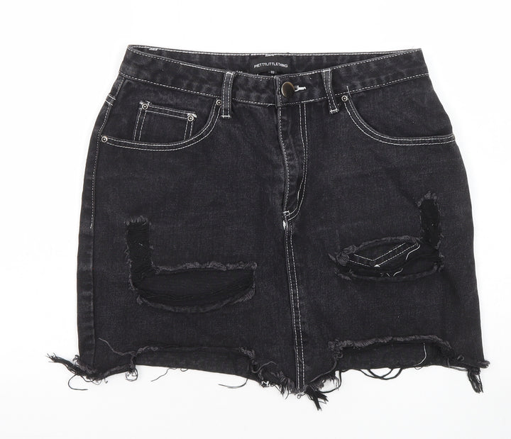 PRETTYLITTLETHING Womens Black Cotton Mini Skirt Size 10 Zip - Distressed look
