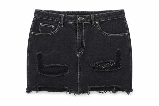 Front view of PRETTYLITTLETHING women’s black cotton mini skirt, size UK 10, zip - distressed look