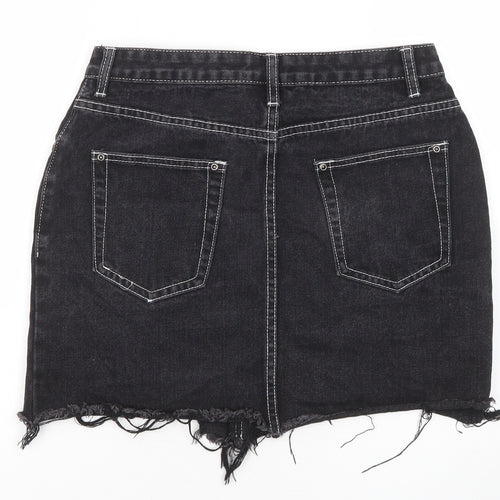 PRETTYLITTLETHING Womens Black Cotton Mini Skirt Size 10 Zip - Distressed look