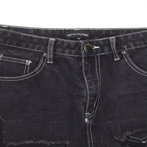 PRETTYLITTLETHING Womens Black Cotton Mini Skirt Size 10 Zip - Distressed look