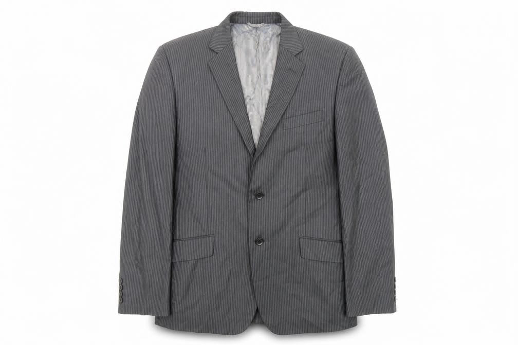 Front view of Burton men’s grey striped polyester jacket suit jacket, size 42, regular