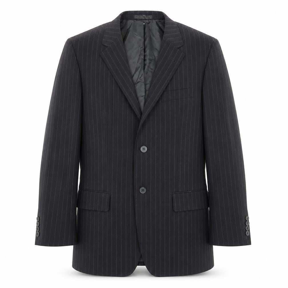 Front view of Butler & Webb men’s black striped polyester jacket suit jacket, size 38, regular