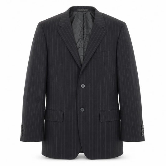 Front view of Butler & Webb men’s black striped polyester jacket suit jacket, size 38, regular
