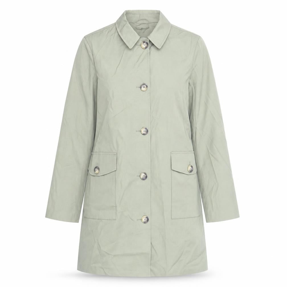 Front view of Marks & Spencer women’s green trench coat coat, size UK 10, button