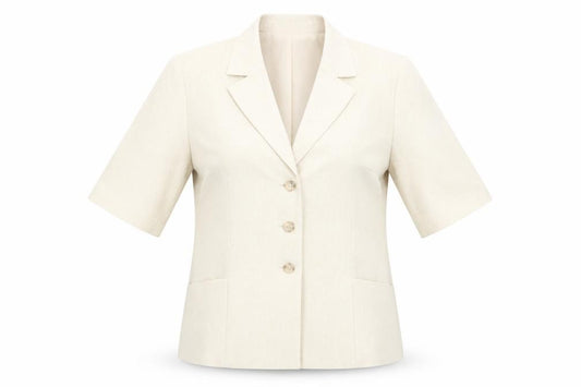Front view of Classics women’s beige polyester jacket blazer, size UK 12, button