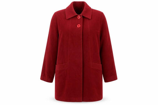 Front view of BHS women’s red overcoat coat, size UK 16, button