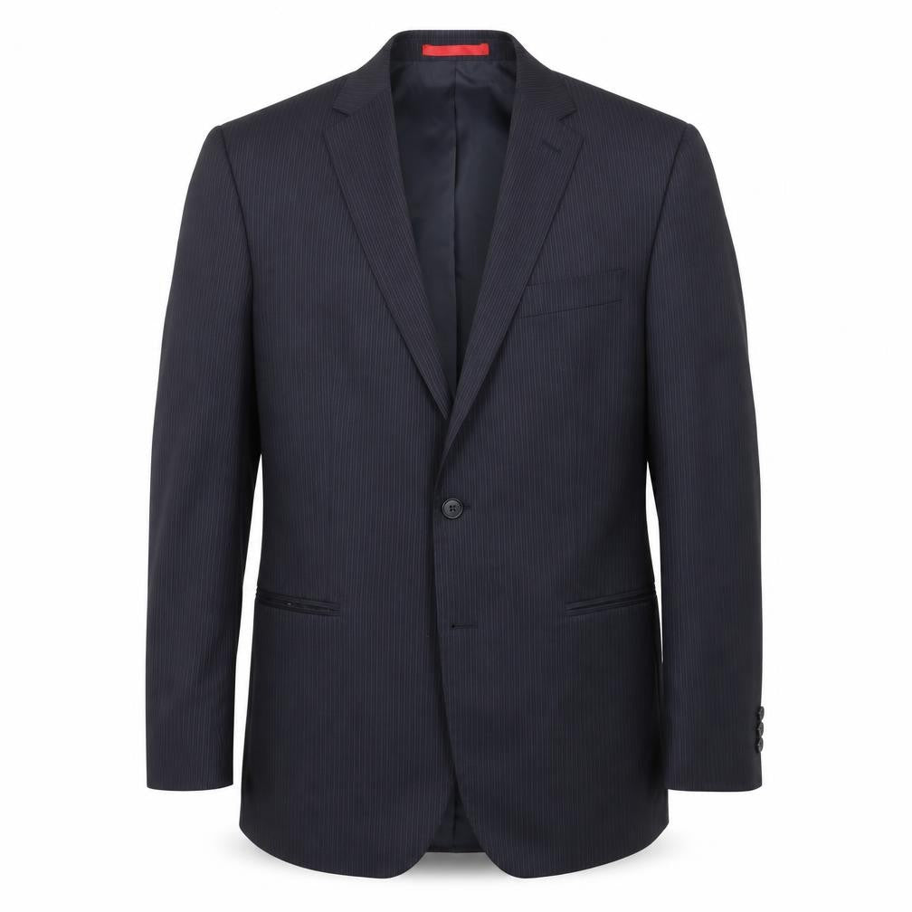 Front view of Burton men’s black striped polyester jacket suit jacket, size 42, regular