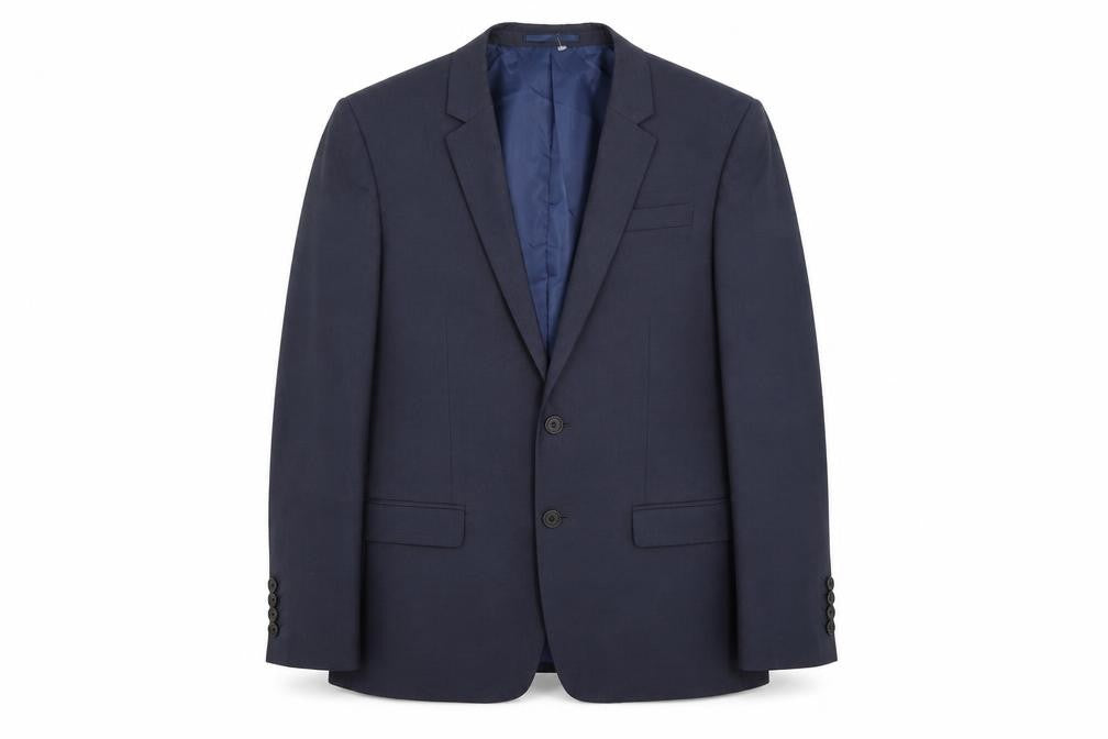 Front view of River Island men’s blue polyester jacket suit jacket, size 38, regular