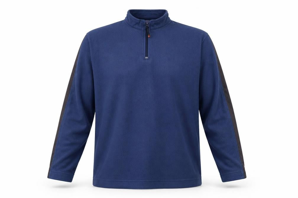 Front view of Atlantic men’s blue polyester henley sweatshirt, size M