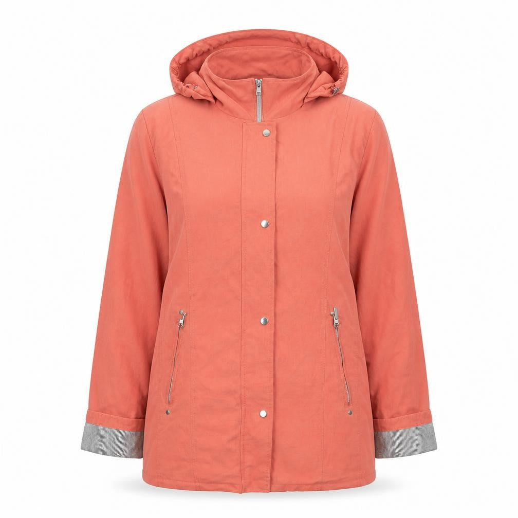 Front view of Damart women’s orange jacket, size UK 10, zip