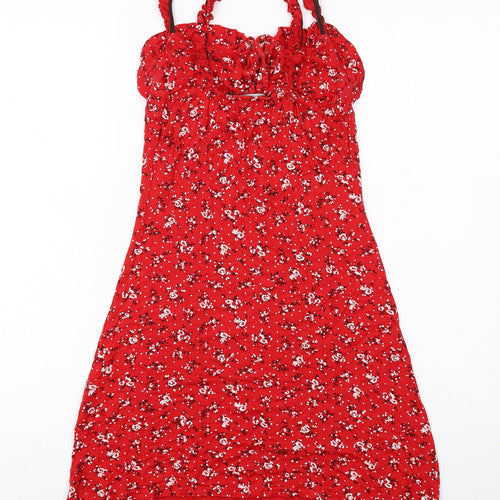 PRETTYLITTLETHING Womens Red Floral Viscose Tank Dress Size 10 V-Neck Pullover
