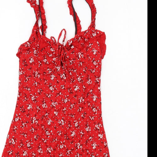 PRETTYLITTLETHING Womens Red Floral Viscose Tank Dress Size 10 V-Neck Pullover