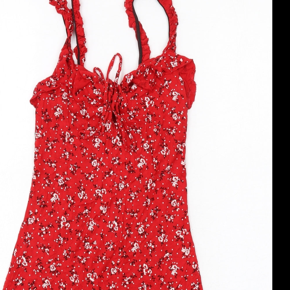 PRETTYLITTLETHING Womens Red Floral Viscose Tank Dress Size 10 V-Neck Pullover