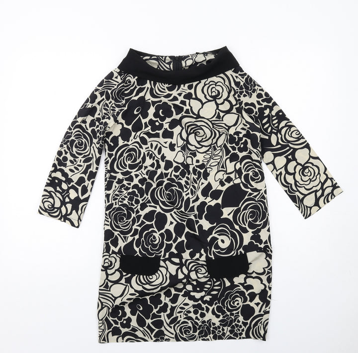 River Island Womens Black Floral Polyester Jumper Dress Size 6 Boat Neck Zip