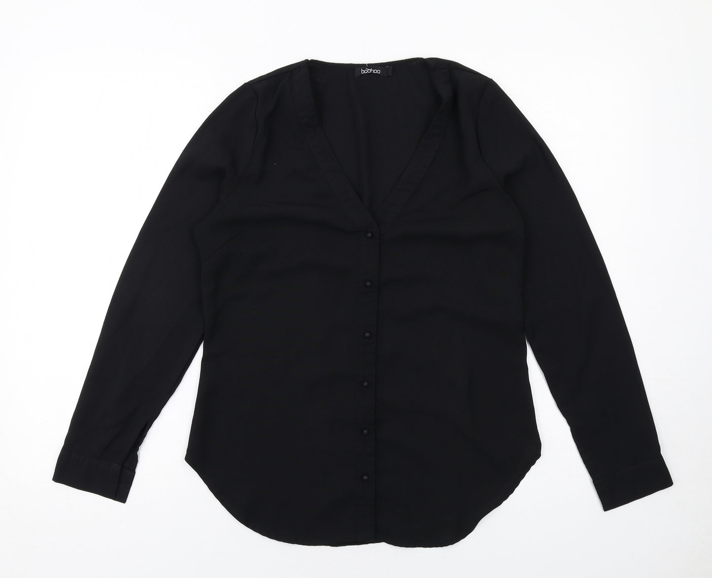 Boohoo Womens Black Viscose Basic Button-Up Size 8 V-Neck