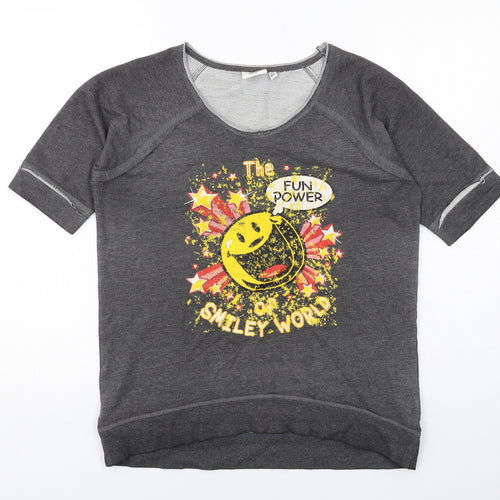 Smiley Womens Grey Cotton Basic T-Shirt Size M Boat Neck